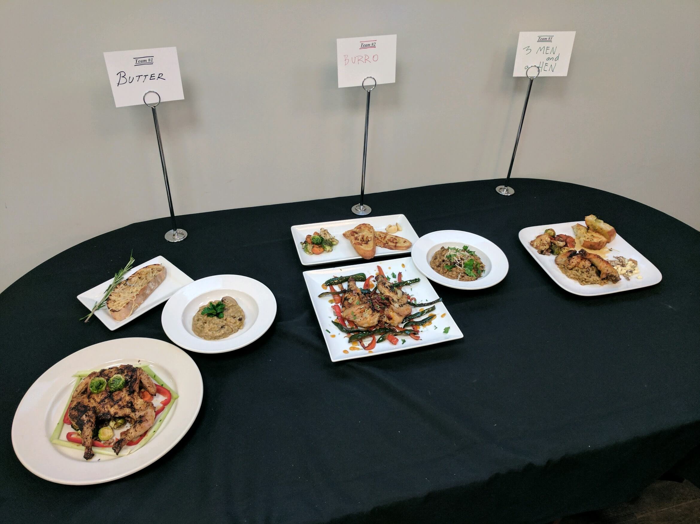 Final dishes awaiting the judges during our culinary team building event.